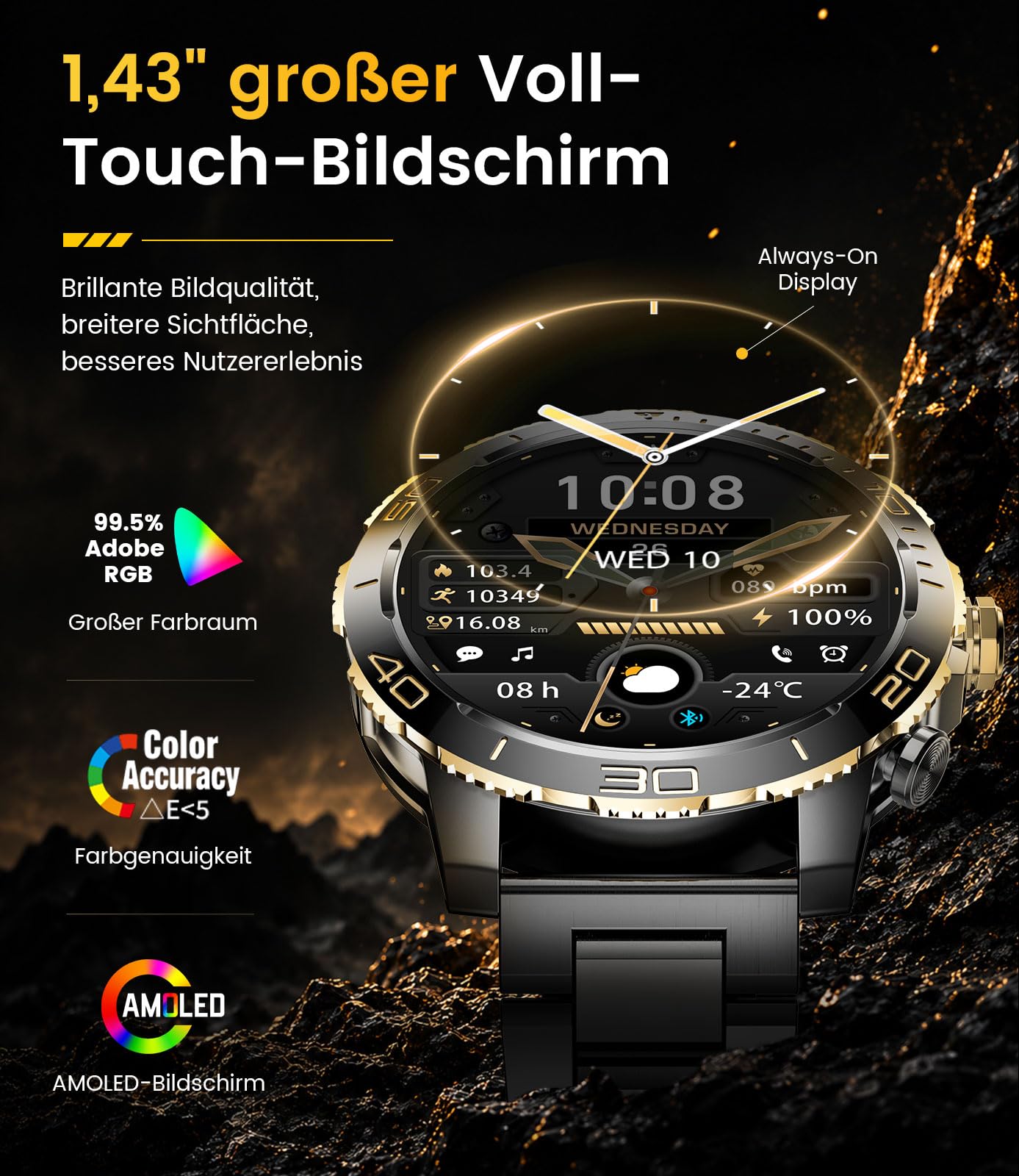 Reloj Inteligente Hombre Militar - 800mAh/Linterna LED, 1.43"AMOLED Smartwatch con llamadas Pulsómetro Sueño, IP68 Impermeable Pulsera Actividad con 200 Modos Deportivos para iOS Android, Negro