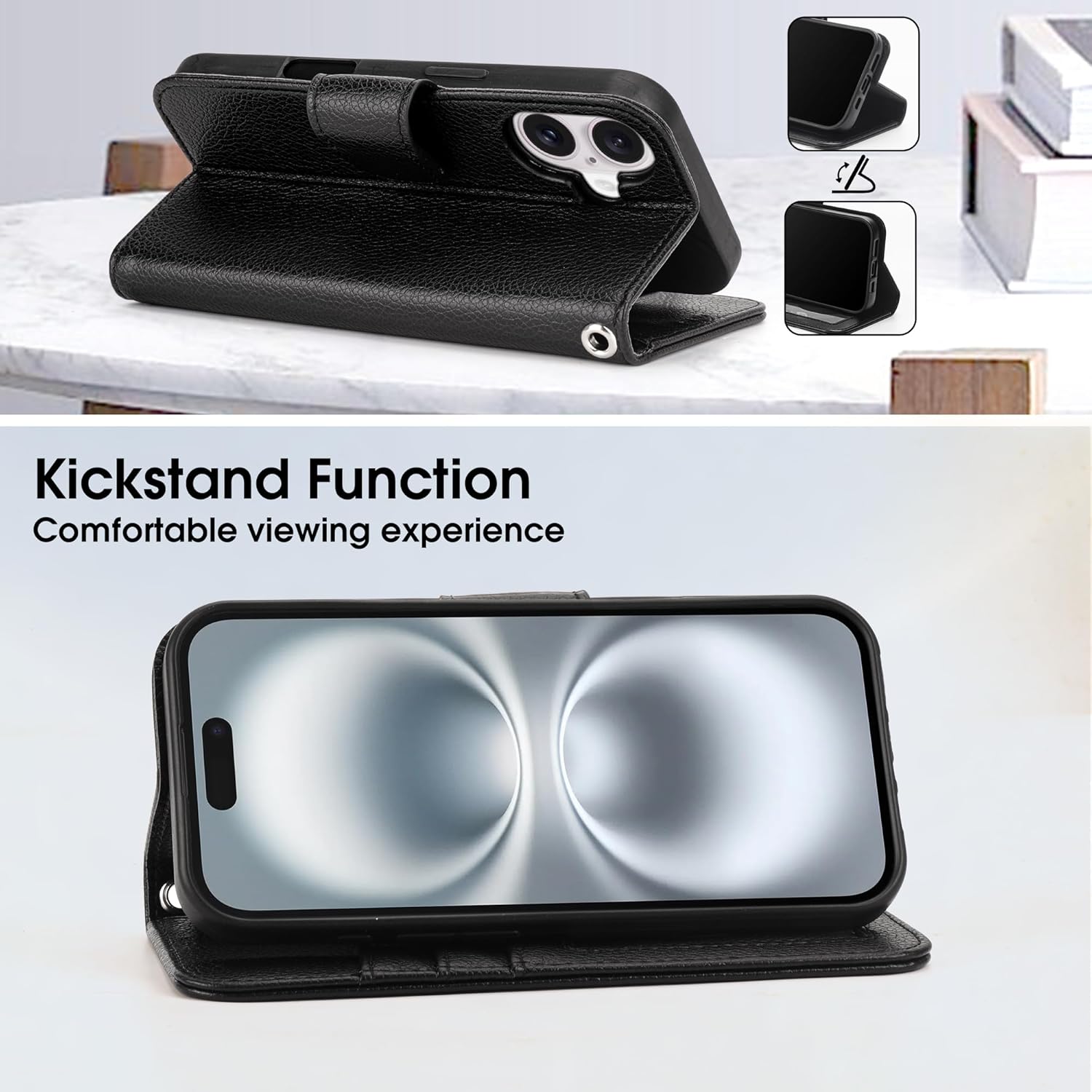 Arae Compatible with iPhone 16 Case Wallet with Card Holder, Wristlet Strap Wallet Flip Cover for iPhone 16 6.1 inch Men/Women, RFID Blocking, Kickstand,Litchi Black - Image 6