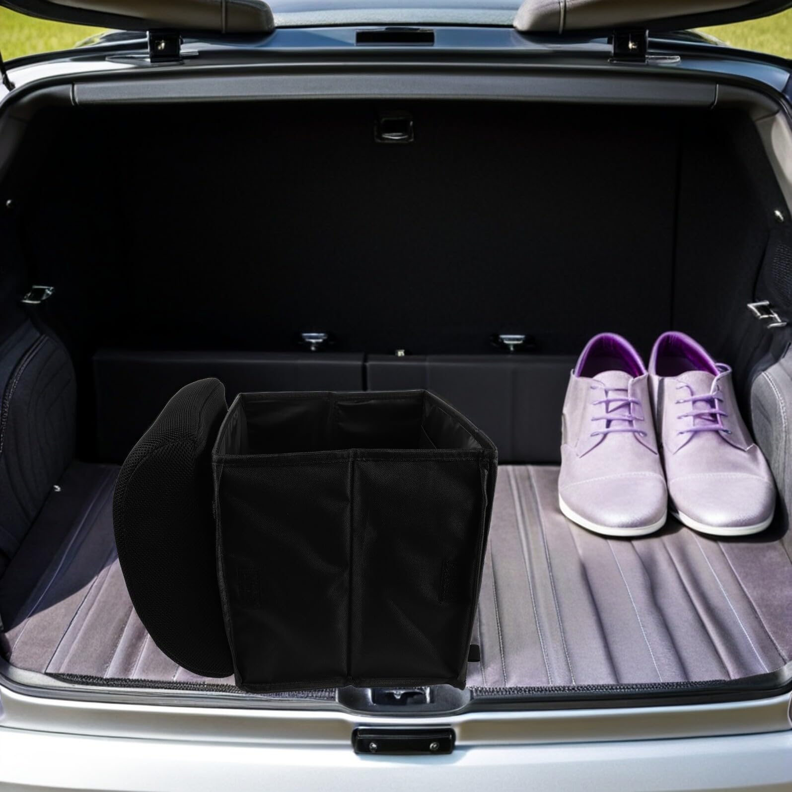 Hemobllo Scatola di Stoccaggio Pieghevole per Bagagliaio Auto con Cuscino Lombare, Organizer in Poliestere e Spugna Nero, Scomparti Multipli, Design Flessibile per Viaggi in Suv