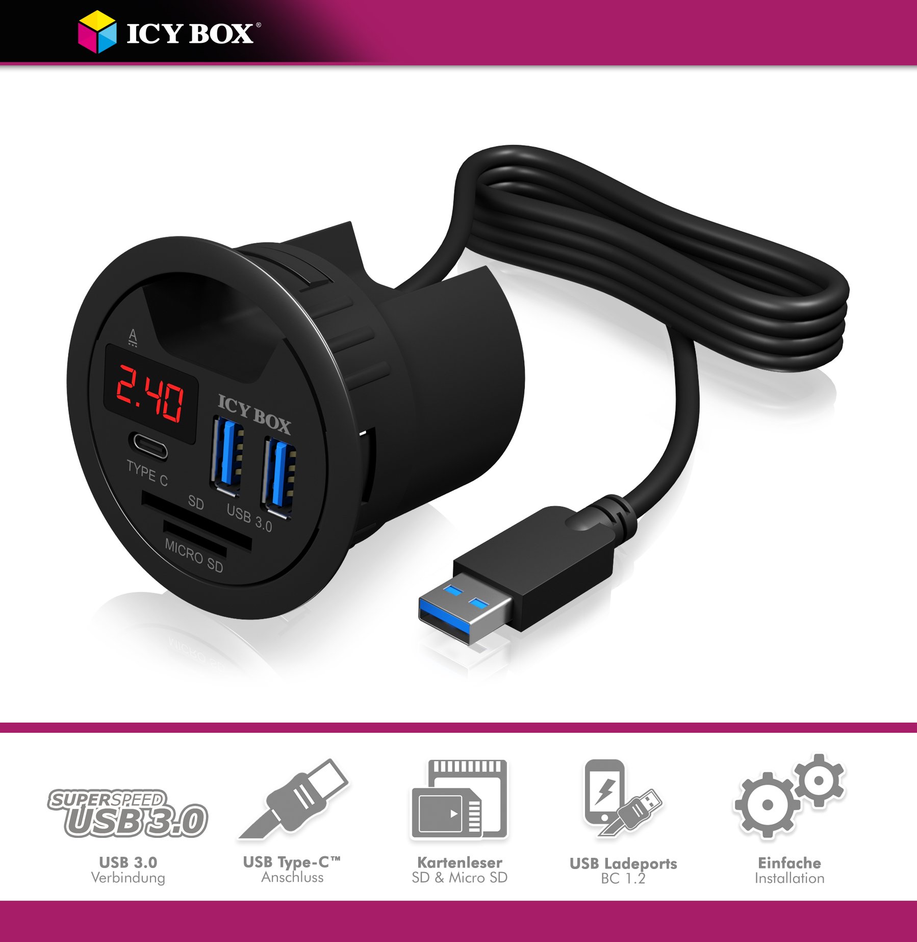 ICY Box IB-HUB1404 Hub USB Noir 60 mm