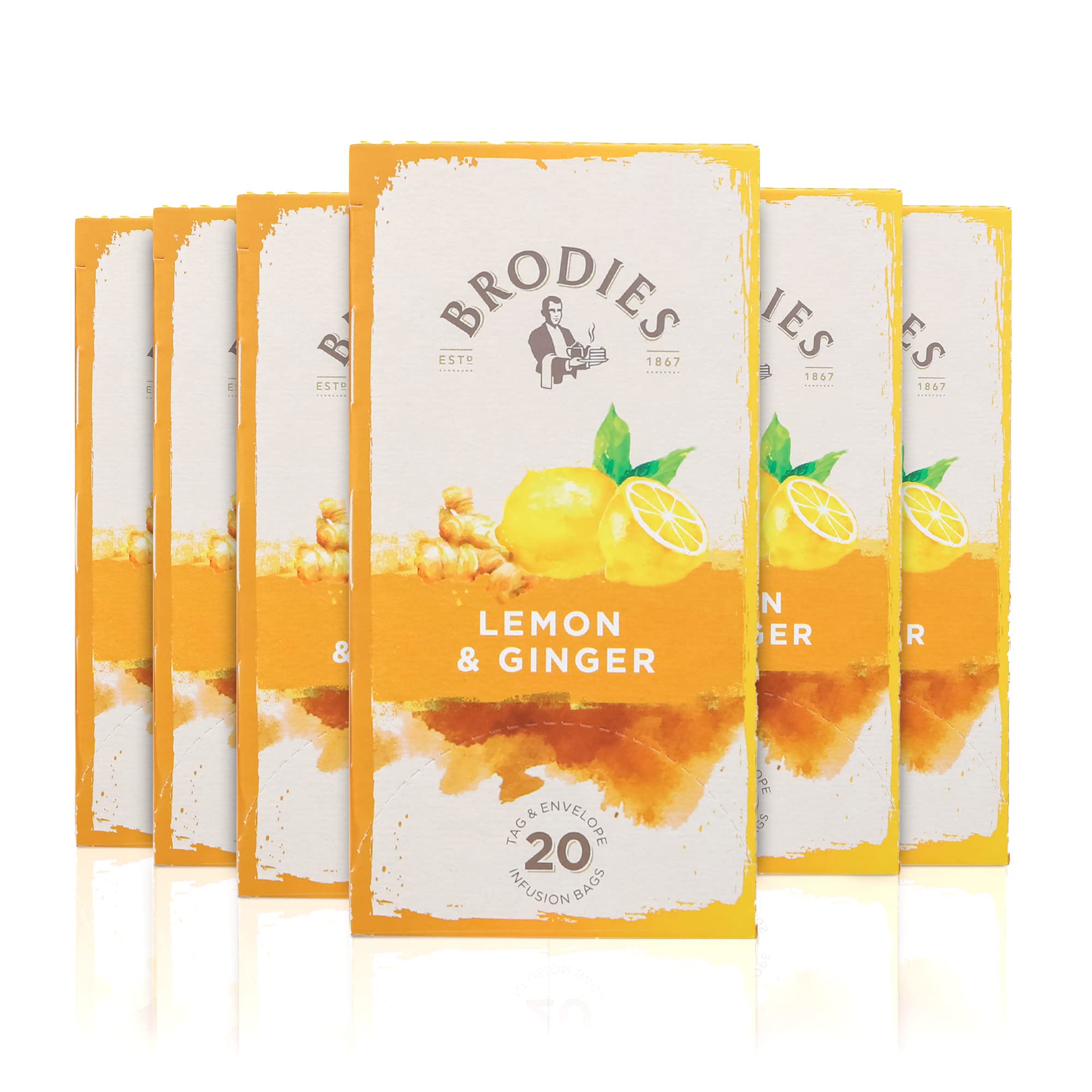Brodies Lemon & Ginger Tag and Envelope - 6 Tea Boxes of 20 Tea Bags each (120 Tea Bags) - Revitalising infusion based on lemon and ginger. Caffeine Free