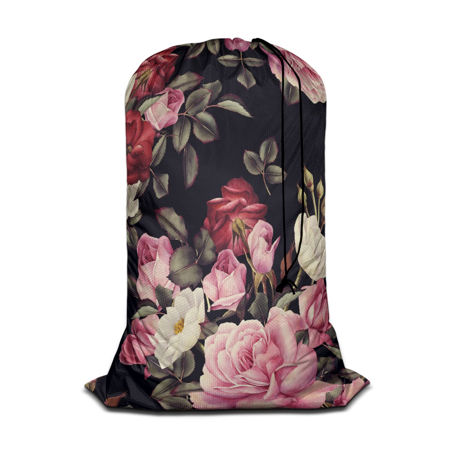 Swono Floral Pattern Washing Toy Storage Heavy Duty Basket Laundry Bag with Drawstring Closure Watercolor Leaves Roses Peony