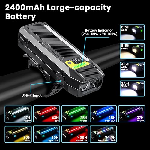 Miniatura 4 de Luces delanteras de bicicleta para conducción nocturna con luces laterales RGB y sensor de luz, 5+10 modos 2400mAh USB-C recargable luces de