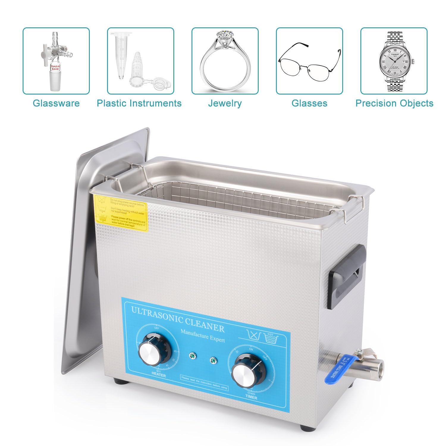 stonylab Myjka Ultradźwiękowa 6,5 L, Stal Nierdzewna 304, Mechaniczny Panel Sterowania z Ogrzewaniem i Timerem, 40kHz 220V, do Laboratorium, Czyszczenia Biżuterii, Okularów i Części