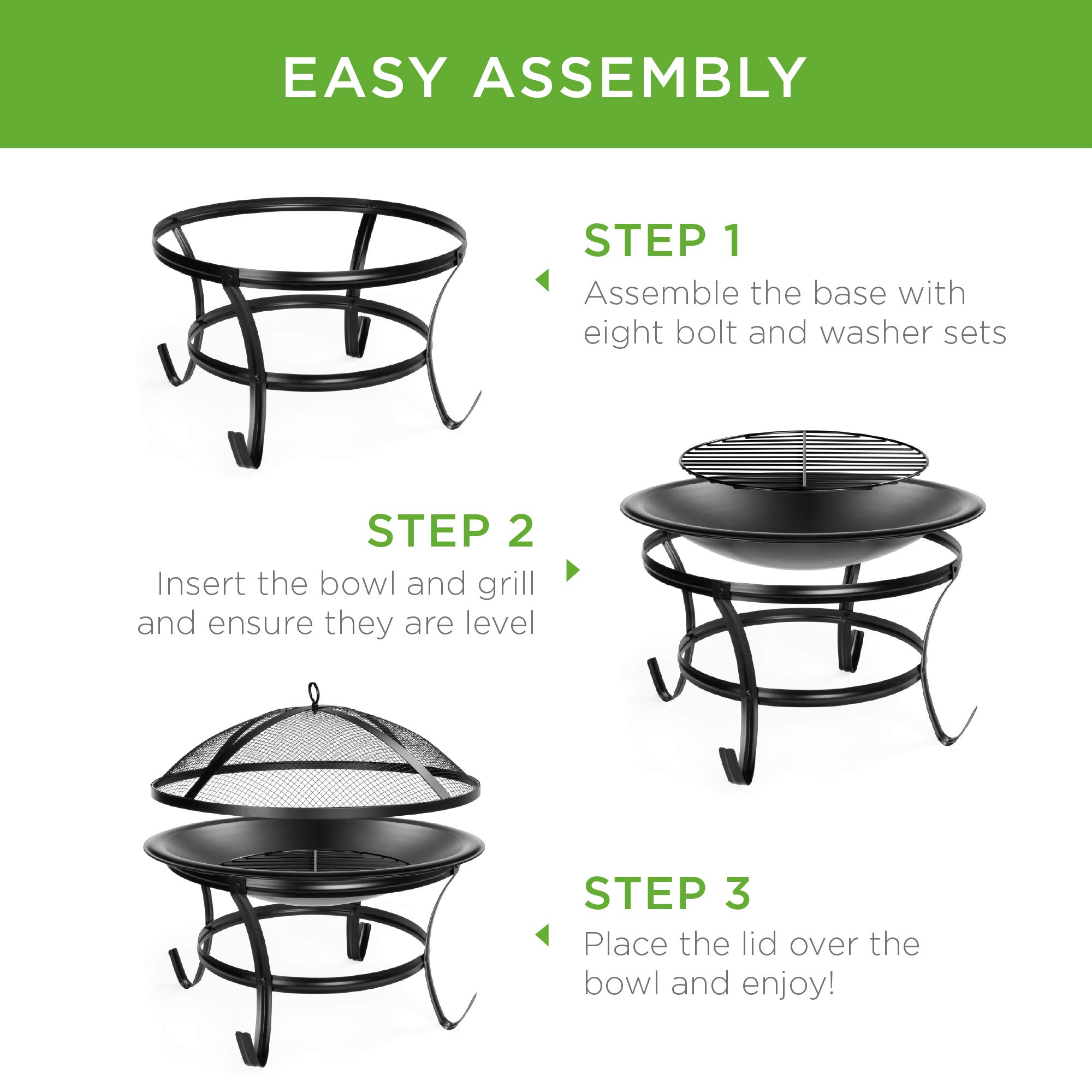 Best Choice Products - Braciere in acciaio per esterno, 56 cm, per patio, BBQ, grill, cortile, campeggio, picnic, falò, giardino, con attizzatoio, copertura e grata