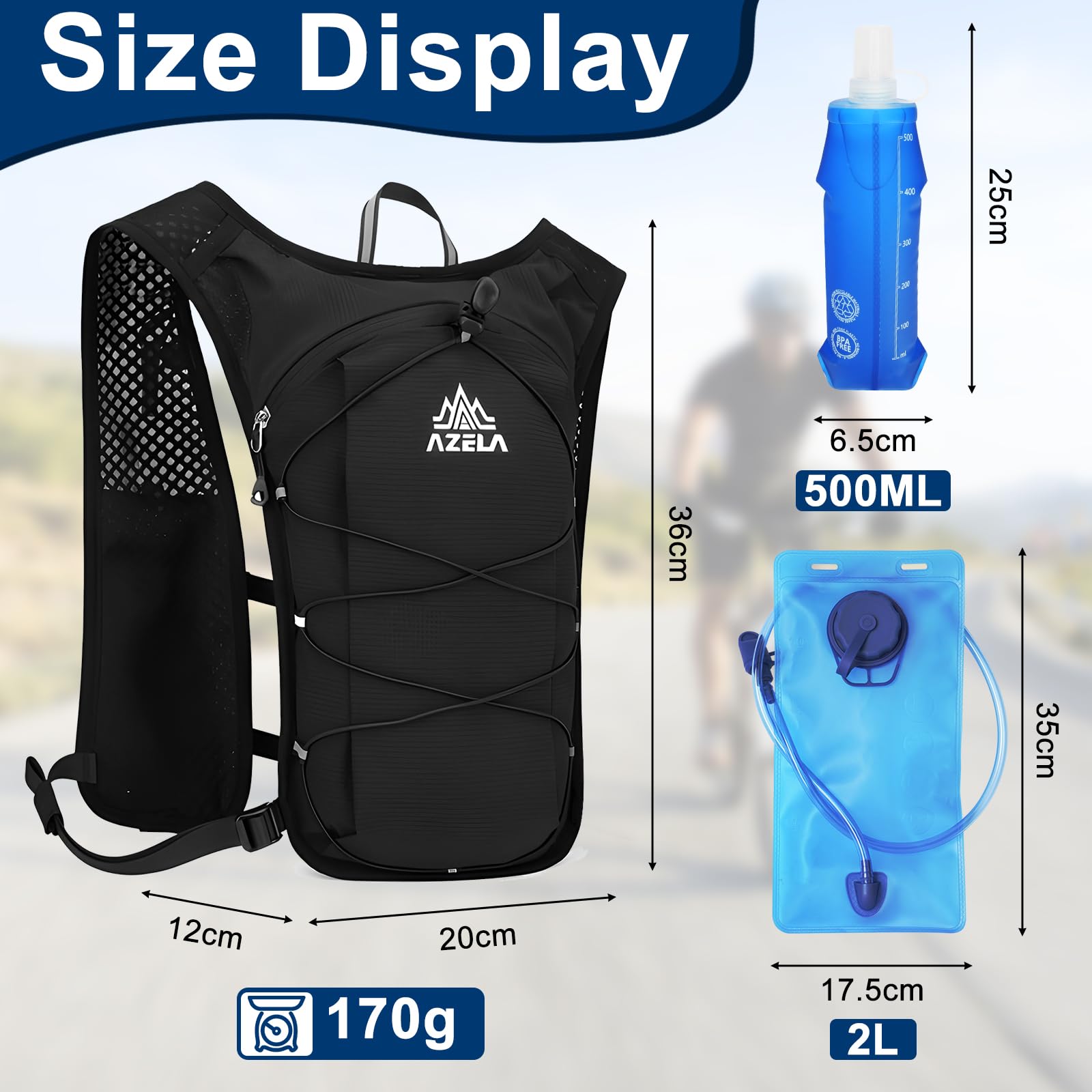 Zaino Trail Running Idrico - Gilet Idratazione Uomo con Sacca d'Acqua 2 Litri per Ciclismo, Maratona, Corsa (Nero