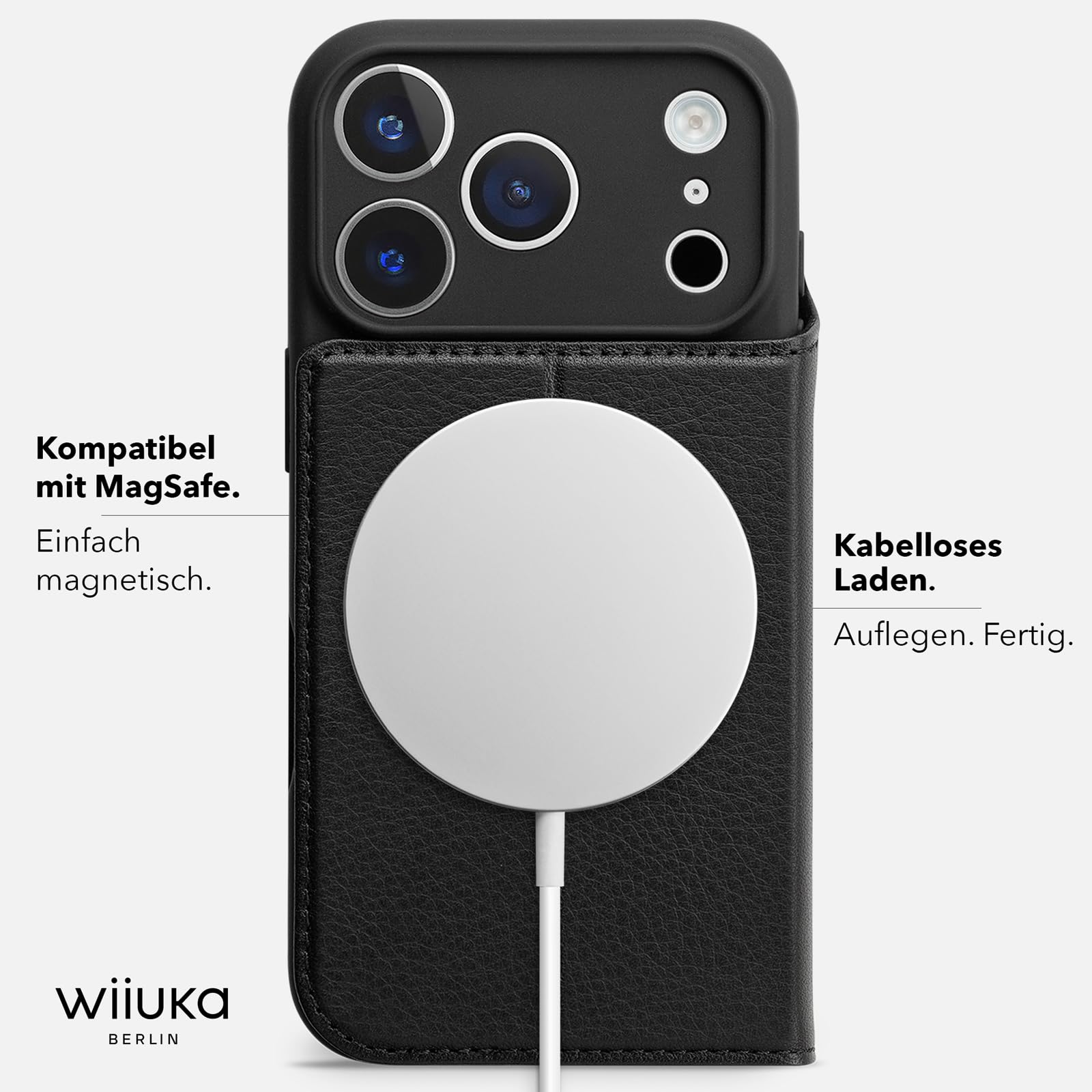 WIIUKA Hülle für iPhone 17 Pro, Leder aus Deutschland, mit Kartenfach, extra Dünn, Handyhülle mit Standfunktion, Tasche, Klapphülle, suiit, Teil, Schwarz