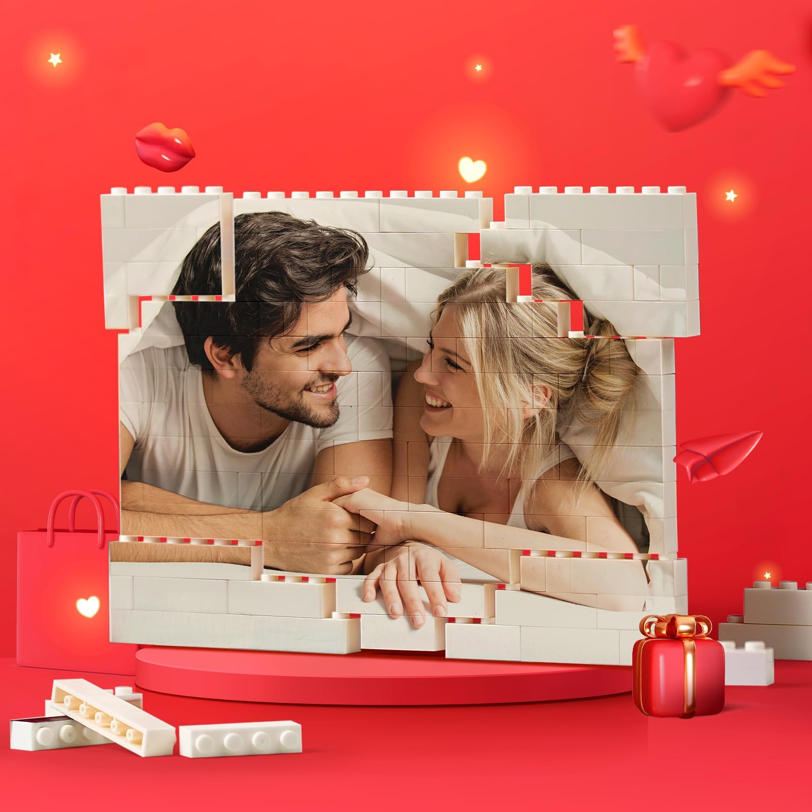Custom Building Brick Personalized Photo Block Puzzle Horizontal Shaped Picture Customized Gifts for Couples, Valentine's Day Anniversary Wedding Gifts, Christmas Birthday Gifts for Women Men