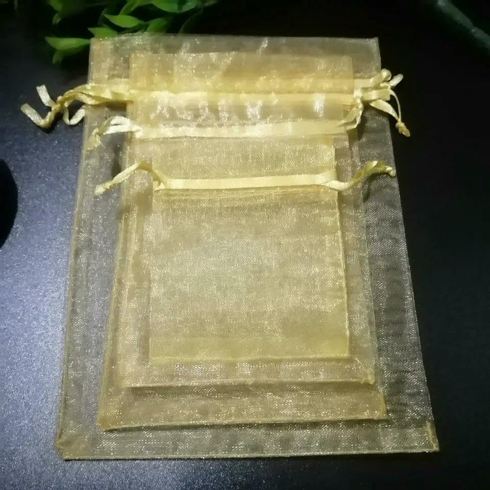 Lot de 100 sachets Cadeaux en Organza doré 7 x 9 9 x 12 10 x 15 cm avec Cordon de Serrage pour Bijoux Emballage Cadeau Noël Mariage Pochettes en Fil