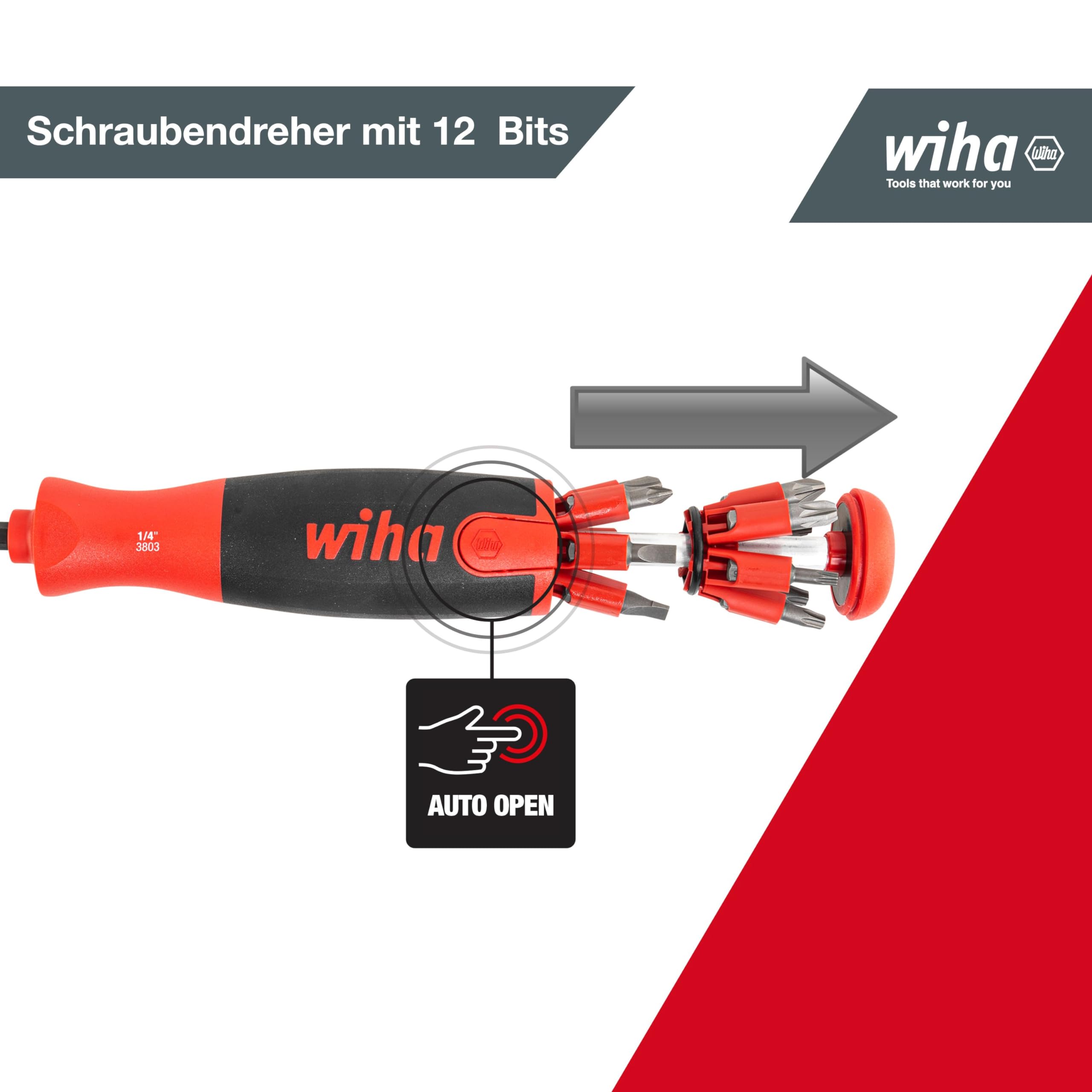 Wiha Destornillador con cargador LiftUp 25 magnético en surtido con 12 bits, de 1/4" (38605)