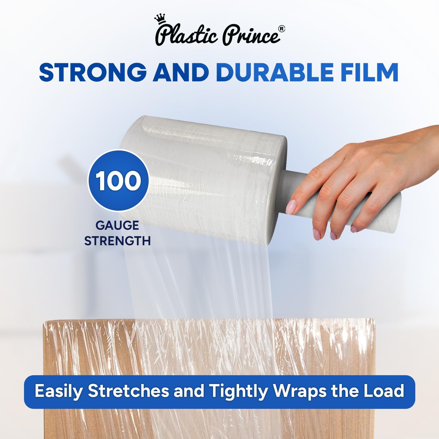 Plastic Prince 5" Plastic Wrap Clear Packing Tape with Dispenser for Moving Boxes Shipping Tape Refills Shrink Wrap Stretch Film with Handles 1000' Roll 100 Gauge Thick 500% Stretch Ability, 12 Pack