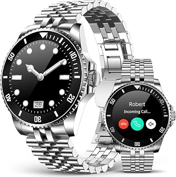 SOUYIE AI Smart Watch for Men with Bluetooth Call, Heart Rate, Blood Pressure, SpO2, Sleep Monitor, 107 Sports Modes, Waterproof Round Watch, 1.19-inch AMOLED Watch Compatible Android and iOS Sliver