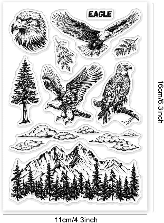 GLOBLELAND Eagle Landscape Clear Stamps Mountain Peak Forest Scenery Silicone Stamp Seals Nature Clouds Transparent Stamps for DIY Scrapbooking Cards Making Photo Album Journal
