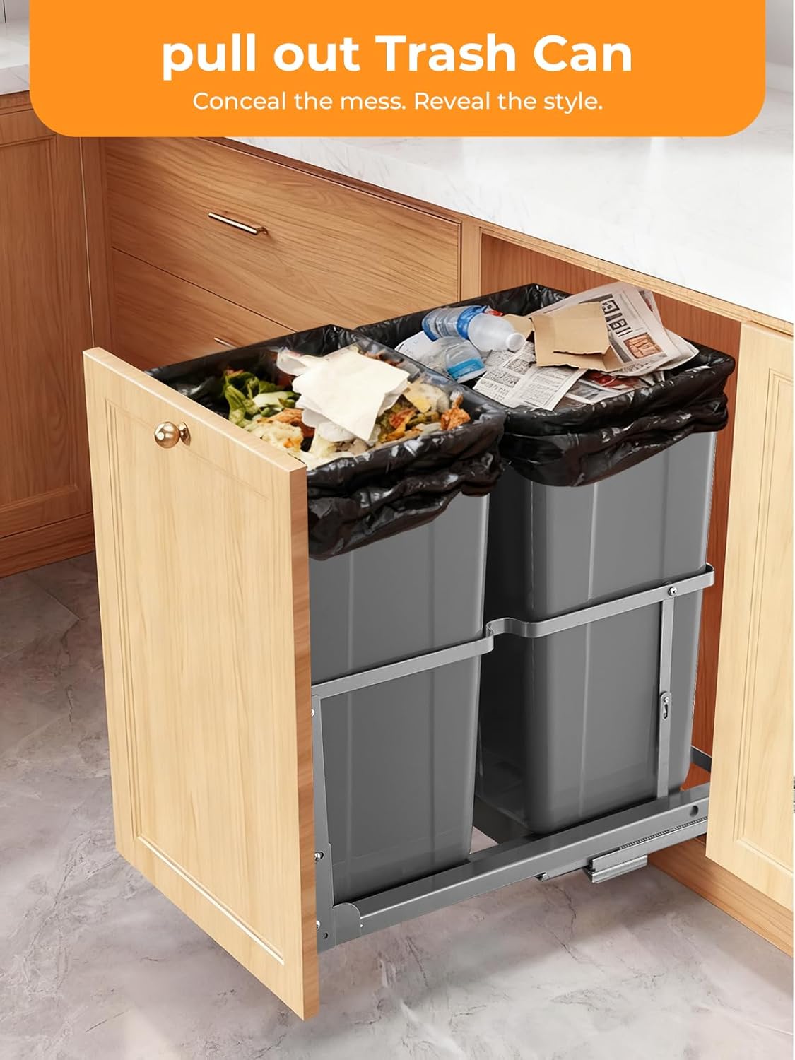 FOHERE Pull Out Trash Can Under Cabinet, 35 QT x2 Under Sink Trash Can Waste Container with Soft-Close Slides, Heavy Duty Garbage Recycling Bin for Kitchen Cabinet, Sink