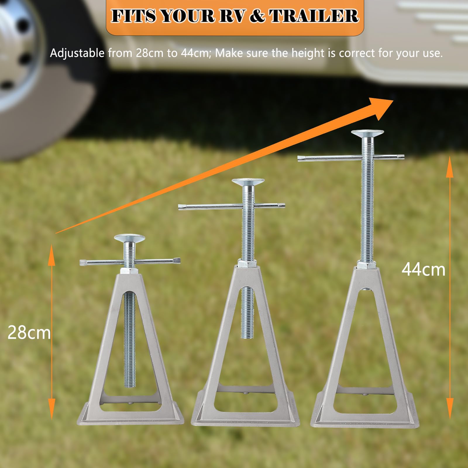 Cavalletto di Supporto per Roulotte, Set da 4 Pezzi, Cavalletti Dappoggio in Alluminio per Rimorchio e Caravan da 3600 kg, Supporti per Assale, Altezza Regolabile 280 – 440 mm