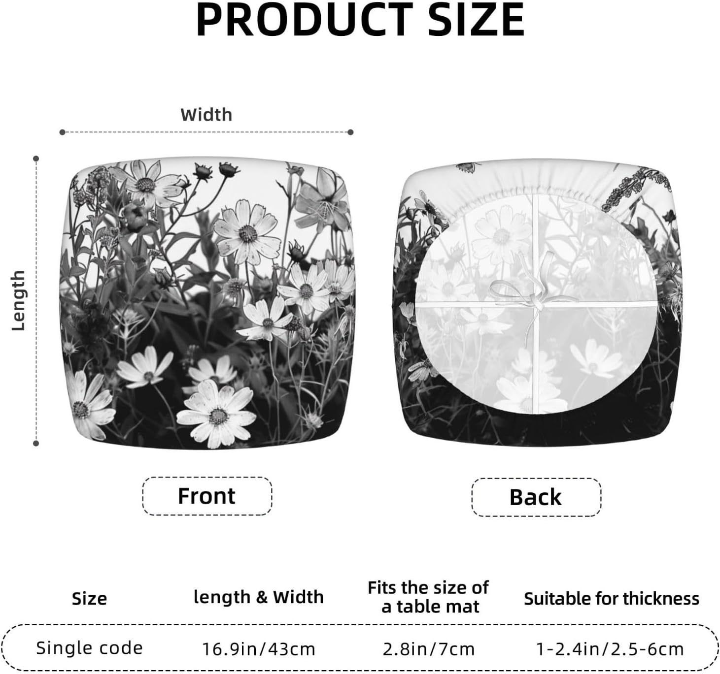 Black and White Flowers Print Square Cushion Covers 6 Pcs Set Elastic Non-Slip Seat Cushion Slipcovers Pet Furniture Protectors for Chair, Sofa