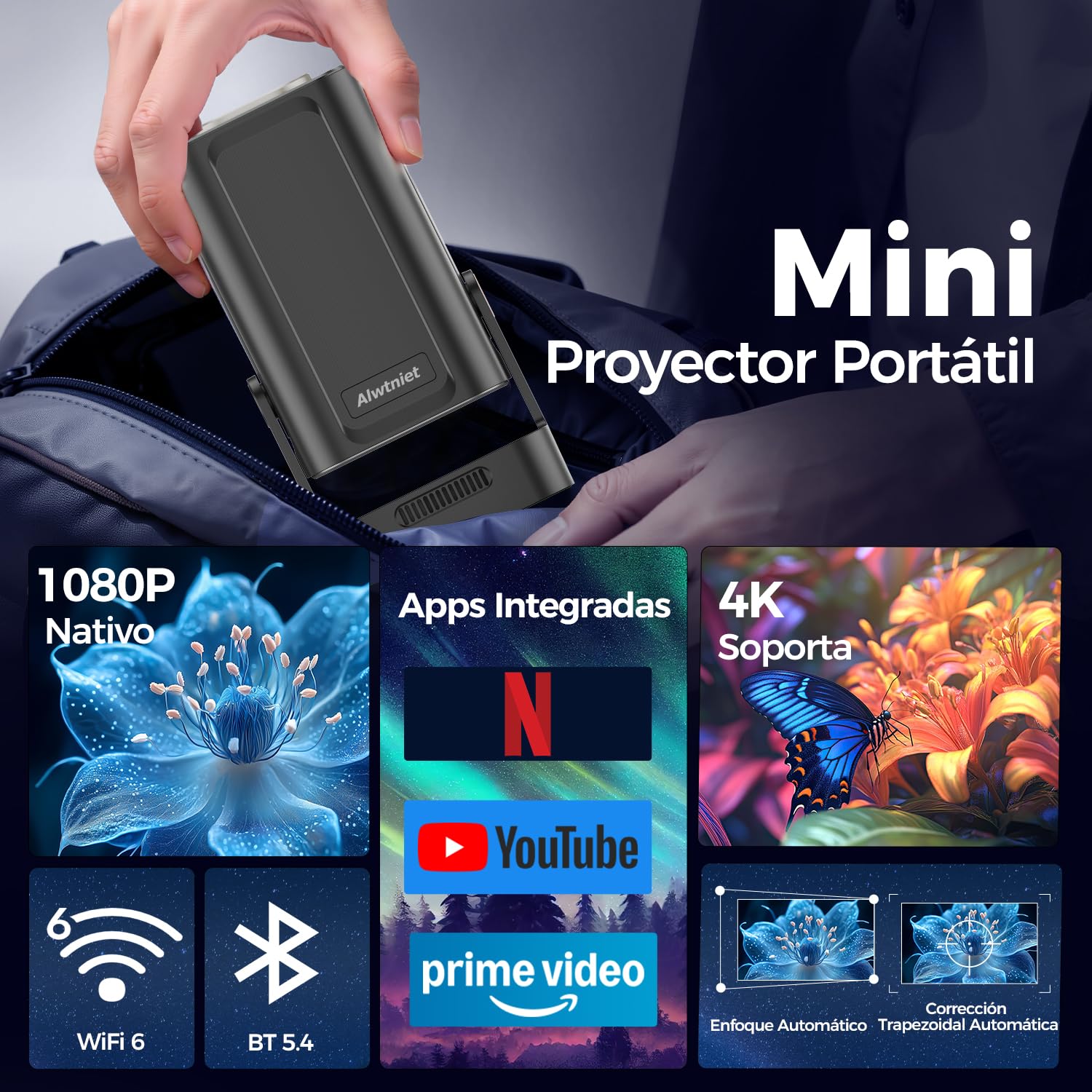 Alwtniet Mini Proyector 4K, 1080P Proyector Portátil Android WiFi 6 BT 5.4, 260ANSI, Enfoque Automático Corrección Trapezoidal Automática, Rotación 180° Projector Compatibile con HDMI/USB HY310