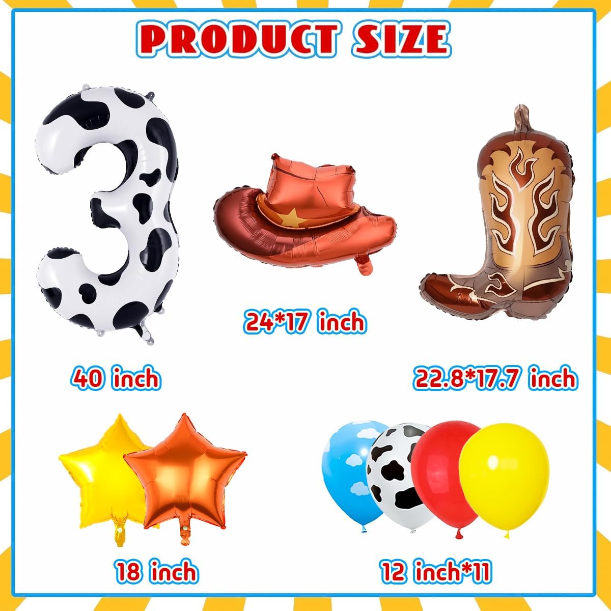 Toys themed Birthday Decorations, Include Cow Print Number 3 Balloon 40 inch, Cowboy Balloons, Star, Colour Balloons for 3rd Birthday Decorations, Cowboy Birthday Party Decorations image 2