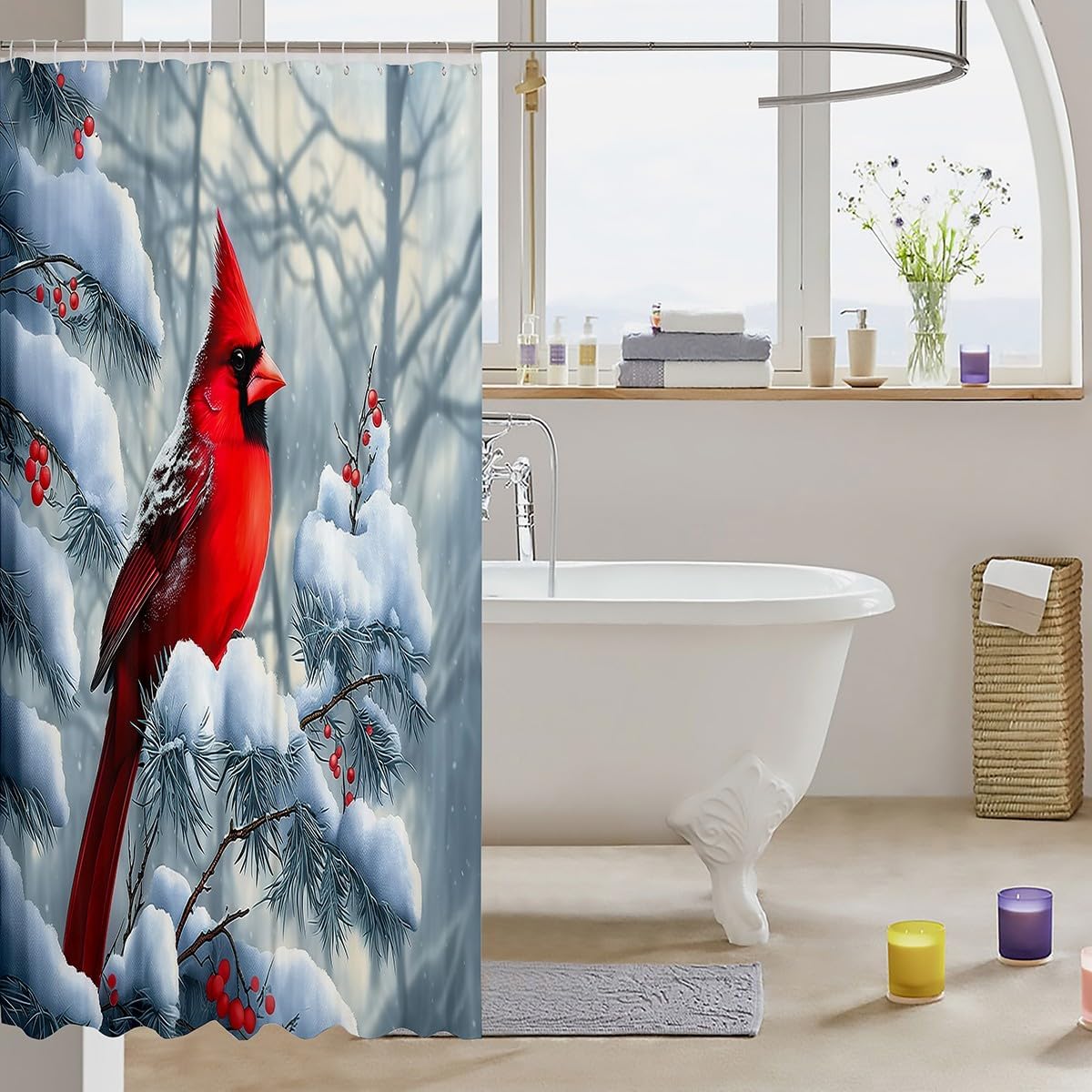 Feelyou Red Cardinal Bath Curtain 72"x78" Kids Cardinal Bird Shower Curtain Boys Girls Xmas Christmas Bird Bathroom Shower Curtain Set Snowy Winter Happy New Year Holiday Bathroom Accessories image 3