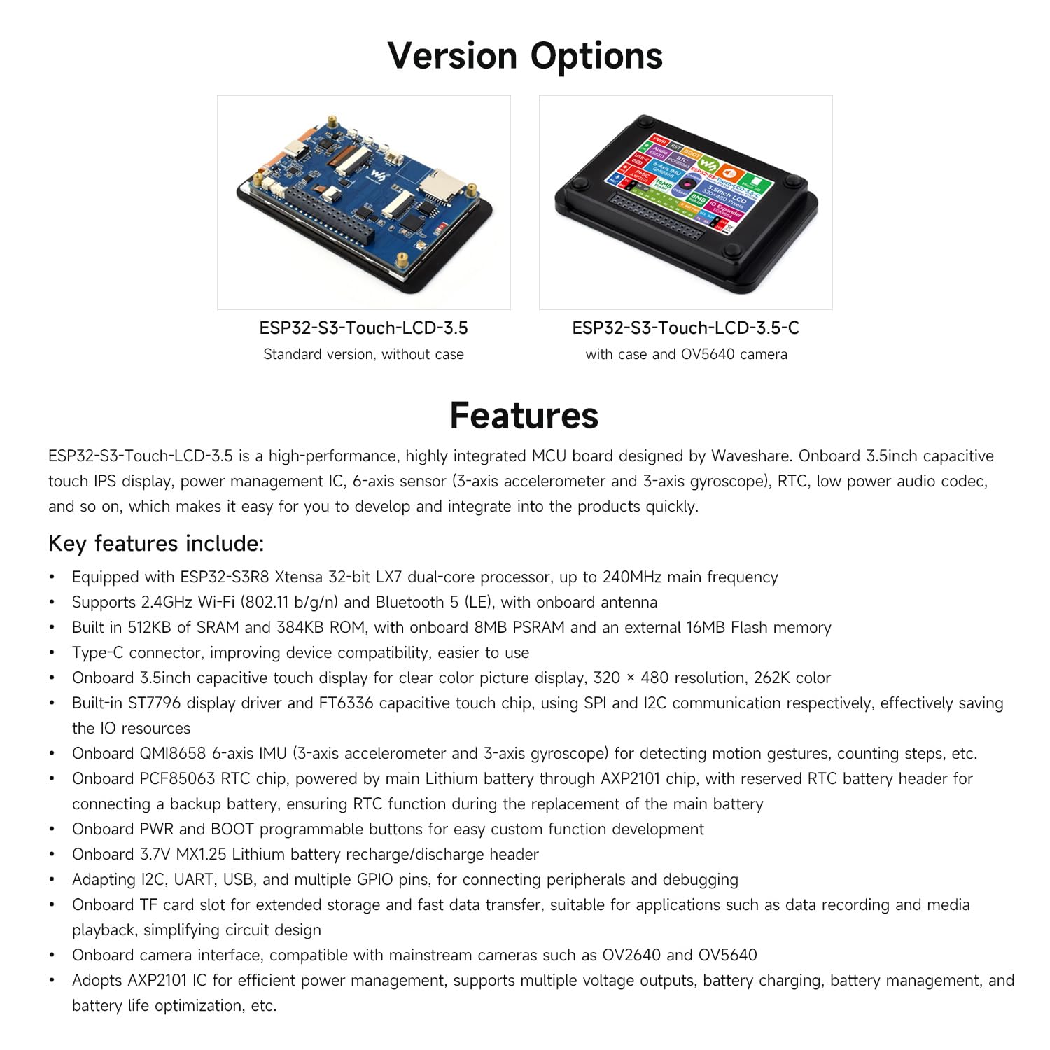 Waveshare ESP32-S3 3.5inch Capacitive Touch Display, 320x480 IPS, 262K Colors, Camera Interface, Supports Wi-Fi & Bluetooth 5, ESP32 Development Board with Display