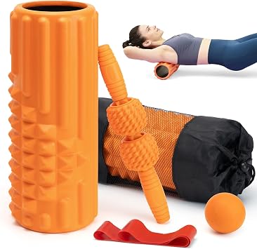 5 in 1 Foam Roller Set, High Density Fitness Exercise Foam Roller for Deep Tissue Muscle Massage, Massage Roller, Massage Ball, Resistance Band, for Whole BodyOrange