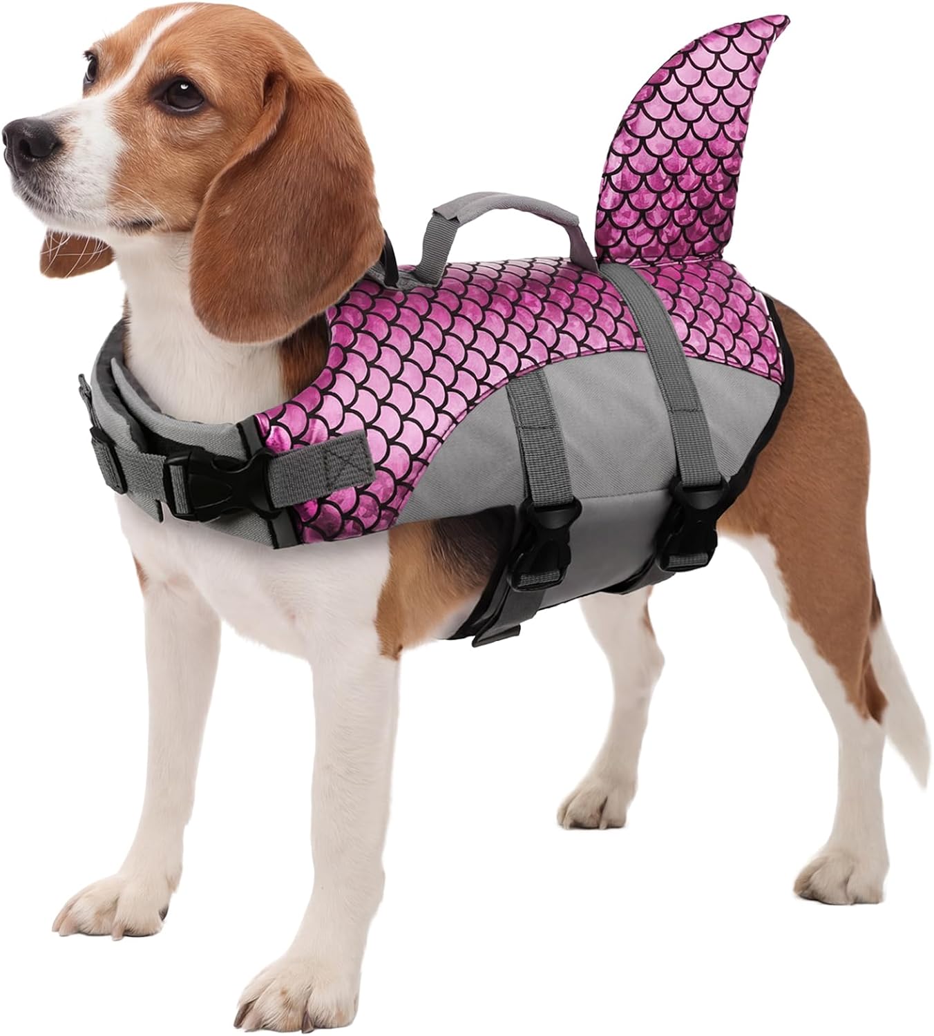 kuoser Dog Life Jacket, High Flotation Dog Life Vest for Swimming, Boating and Water Safety, Shark Puppy Swimsuit Ripstop Pet Lifesavers with Durable Lift Handle, Pink M