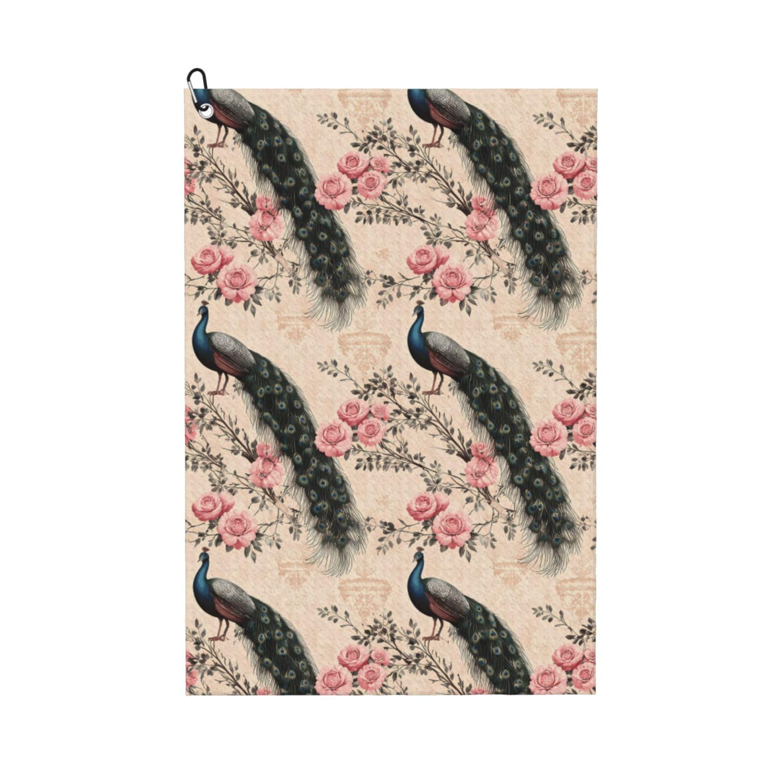 Oudrspo Vintage Romantic Flowers and Peacock Multi-Functional Golf Towel | Absorbent Quick Drying 16x24in