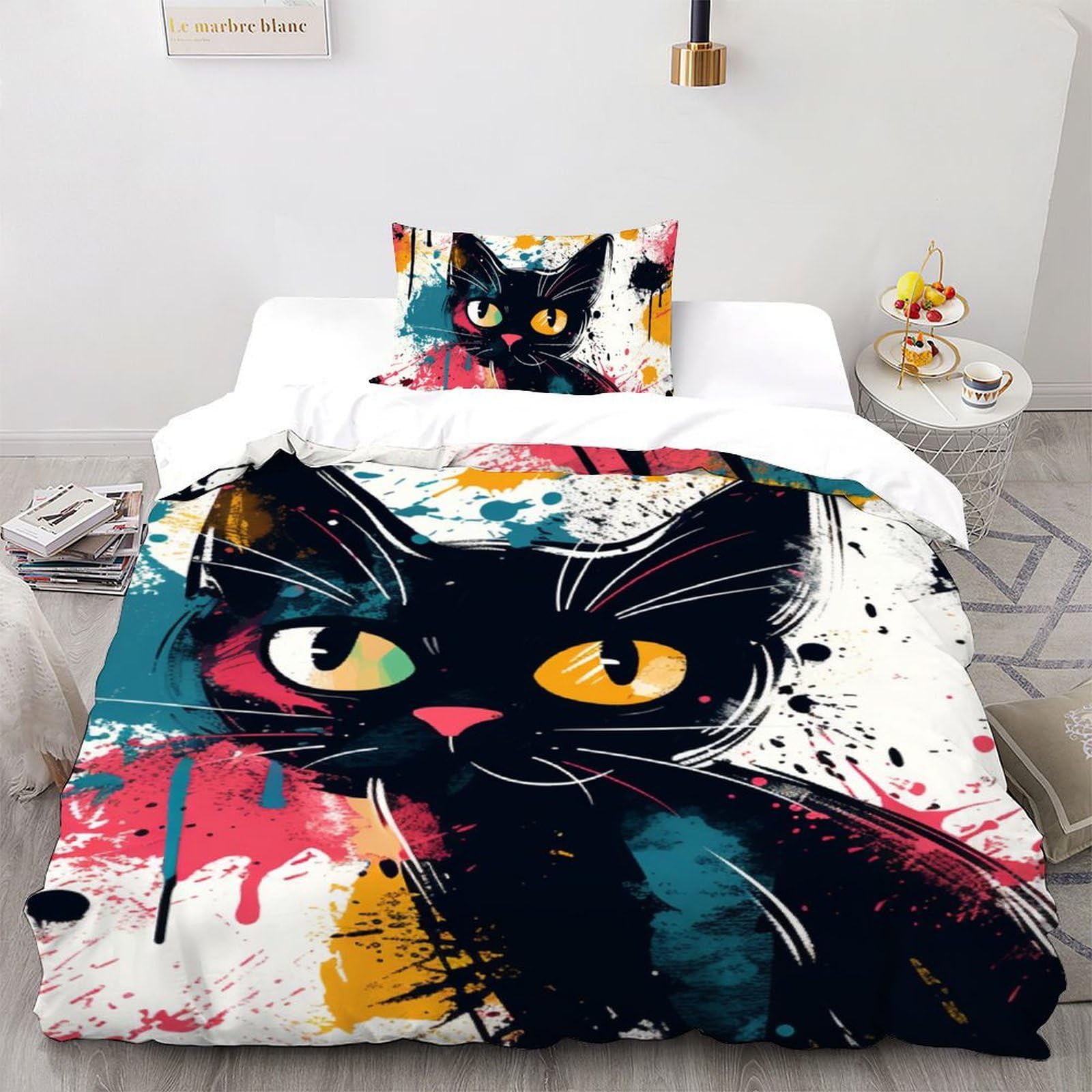 Housse de couette chats 2 pièces en microfibre 135x200cm pour lit simple