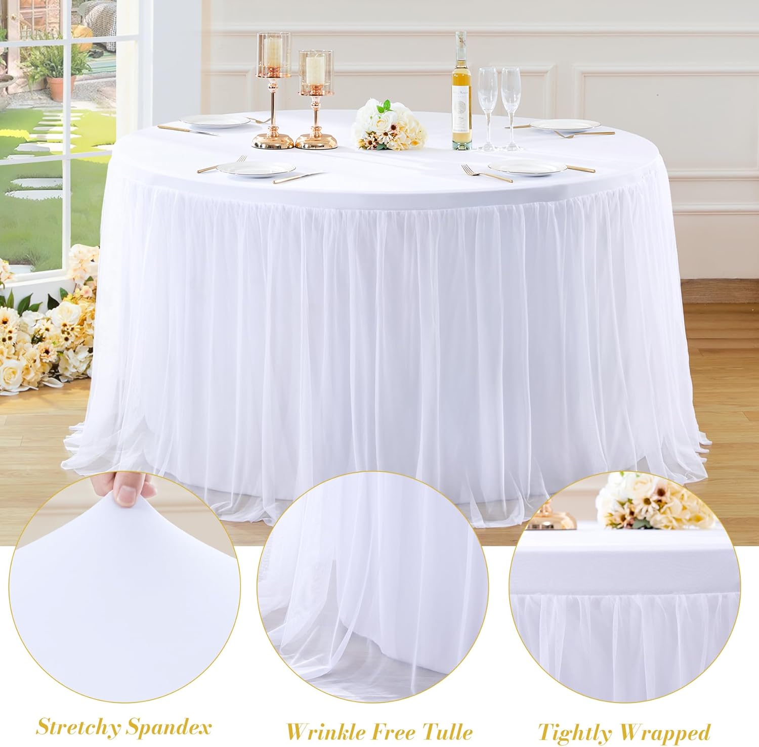 4 Pack White Tulle Round Tablecloth for 60 Inch Tables, Floor Length Banquet Cover, Circle Tutu Skirt for Wedding Party Decorations