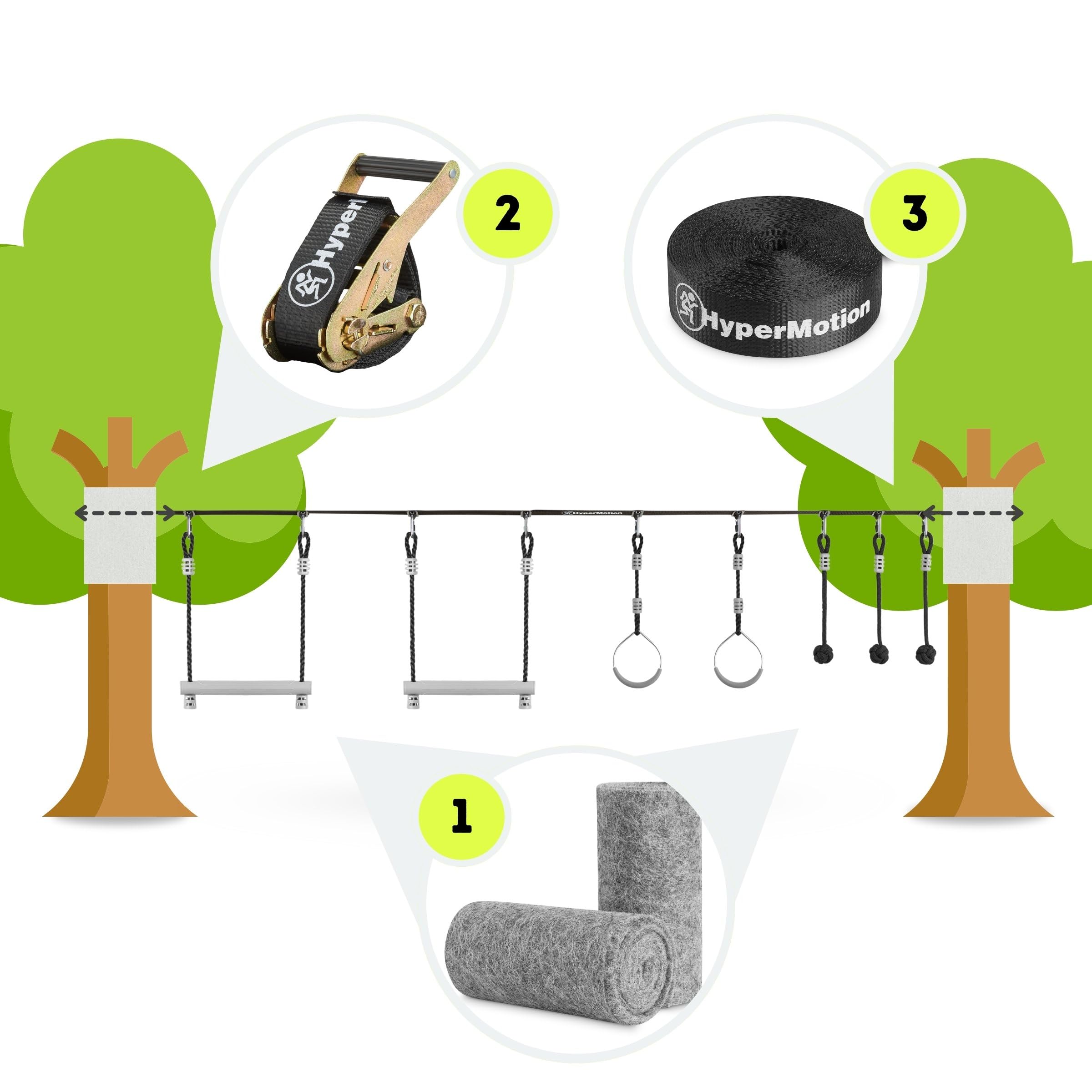 HyperMotion Tor Przeszkód Ninja Dla Dzieci Zestaw Slackline – 7 Przeszkód Z Kółkami Małpimi Pięściami I Drążkami – Udźwig Do 113 kg – Do Ogrodu – Outdoor Zabawa Ruchowa Dla Dzieci I Młodzieży
