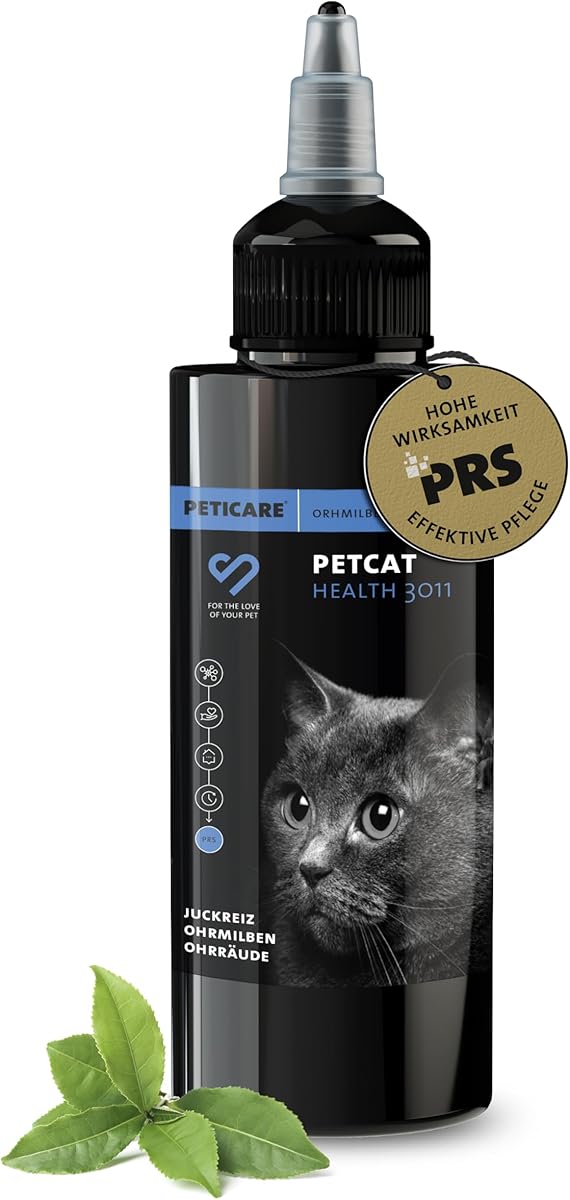 Peticare Chat Traitement Anti-Acariens des Oreilles - Nettoyant Auriculaire, Gouttes Efficaces Contre Parasites, Soulage Inflammation, Solution Démangeaisons de l'oreille - petCat Health 3011
