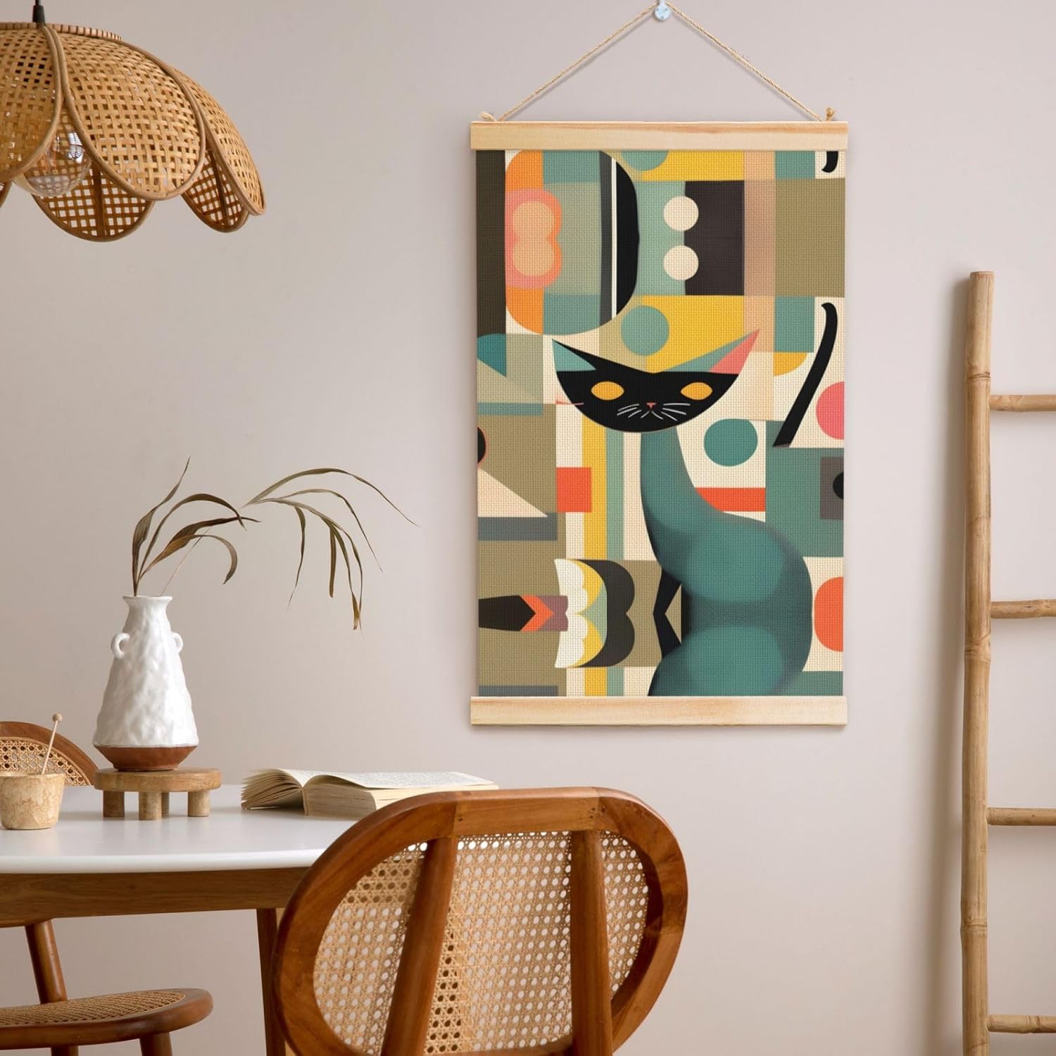 Mid-Century Modern Art Cat Print Poster Hanger,Hanging Poster, Poster Frame,Wood Poster Hanger, For Wall Hanging