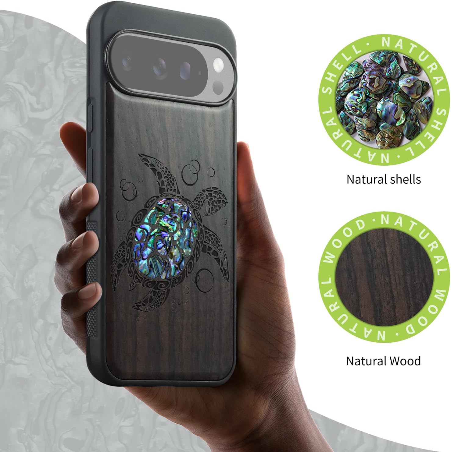 Carveit Magnetic Wooden Case for Pixel 10 / Pixel 10 Pro Case, Wood Artisan Engraved & Handmade Shell Inlaid, Compatible with MagSafe Wireless Chargers, Sea Turtle - Blackwood