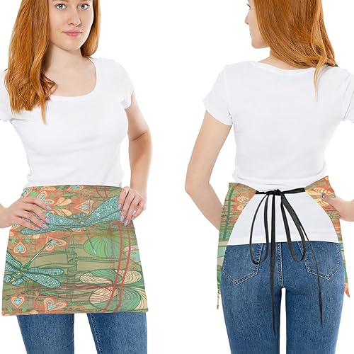 Miniatura 2 de Paquete de 3 delantales vintage con estampado de libélula y 3 bolsillos, impermeables, delantales de media cintura para mujer, para cocinar, lavar