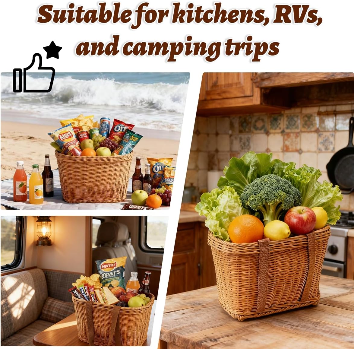 2 Pcs Plastic Wicker Shopping Basket with Handle12"x 8.5"x 6"Hand-Woven Plastic Picnic Basket Reusable Camping Market Basket for Groceries Organization Decor Camping Lightweight Wicker Tote