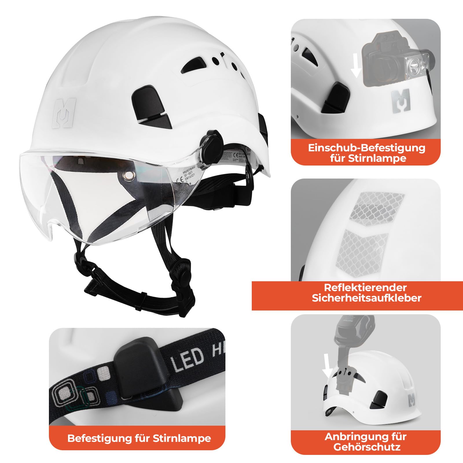 Kletterhelme Bauhelm mit Visier, EN12492, ABS Baustellenhelm, abnehmbares Schweißband, reflektierende Aufkleber Arbeitshelm für Forst, BAU und Kletterarbeiten