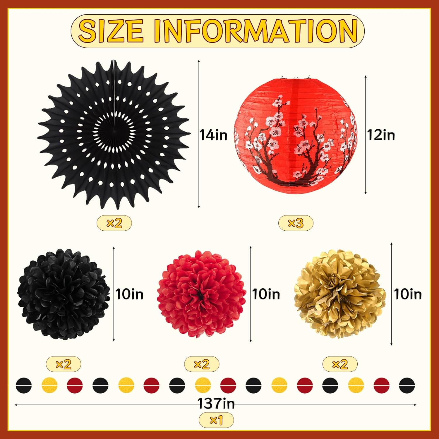 14Pcs Hibachi Party Decorations, Japanese Lanterns with Cherry Blossom Patterns Tissue Paper Pom Poms Circle Dots Garland Happy Birthday Banner Set for Japanese party decorations