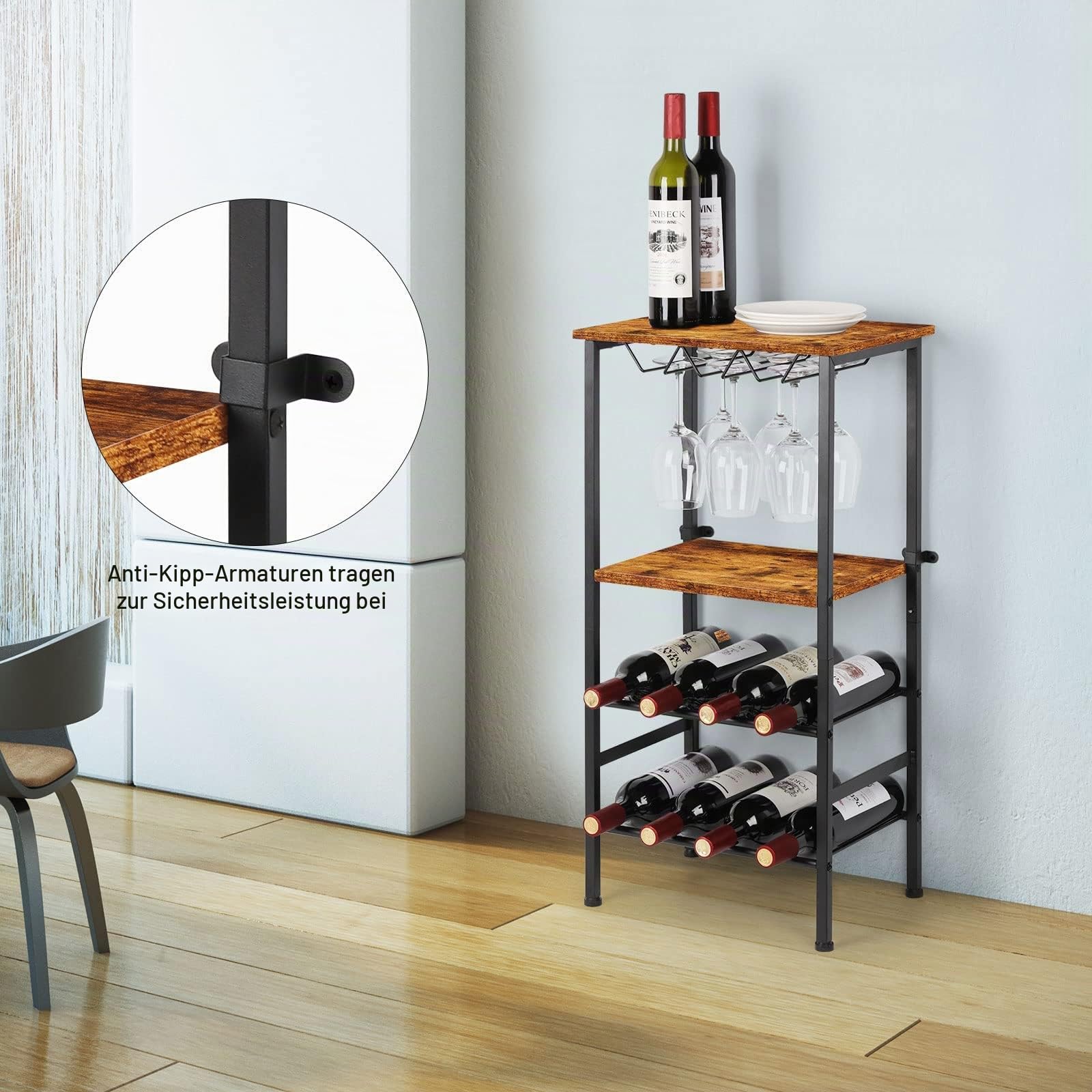 CADUKE Freistehendes Weinregal mit Weinglashalter, Barschrank mit Tischplatte, Flaschenregal für 8 Flaschen, Weintisch mit Lagerregalen für Keller, Bar, Küche und Lagerraum, Vintagebraun