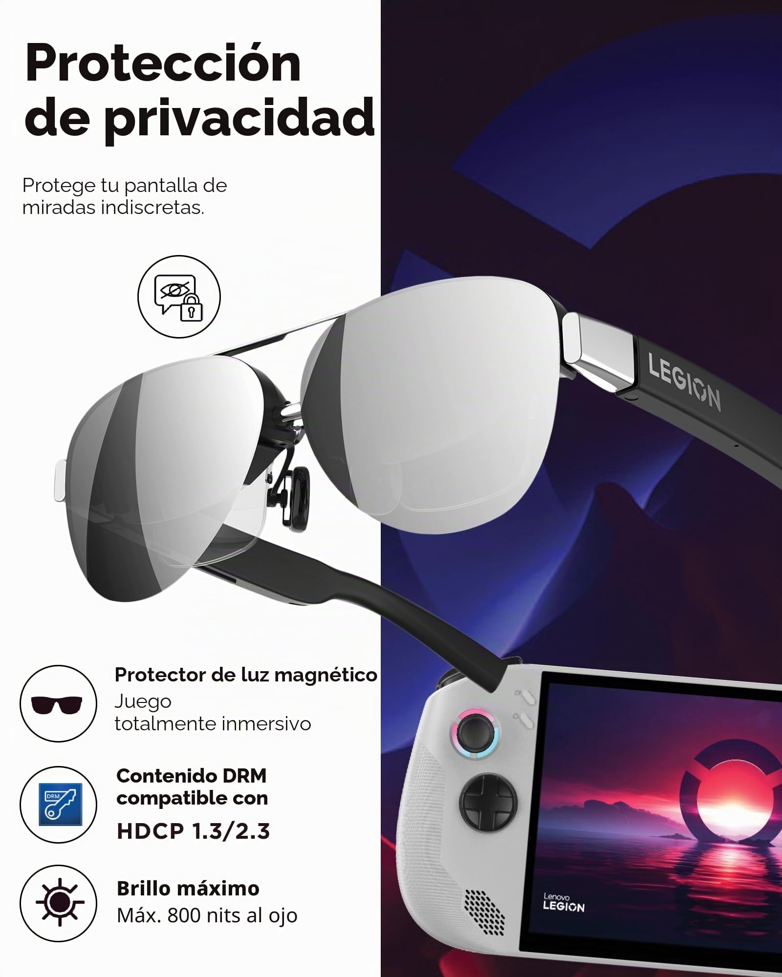 Lenovo Legion Glasses Gen 2 - Monitor Personal Micro OLED para Juegos y películas, Pantalla FHD 60Hz Plug and Play, Dispositivos Legion Go y USB-C, Audio de Alta fidelidad y privacidad