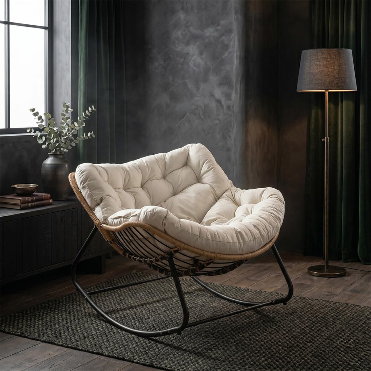 Boho Schaukelstuhl für Garten & Balkon mit Kissen – Rattan Relaxsessel & Lounge Rocker mit stabilem Metallgestell (Blau)