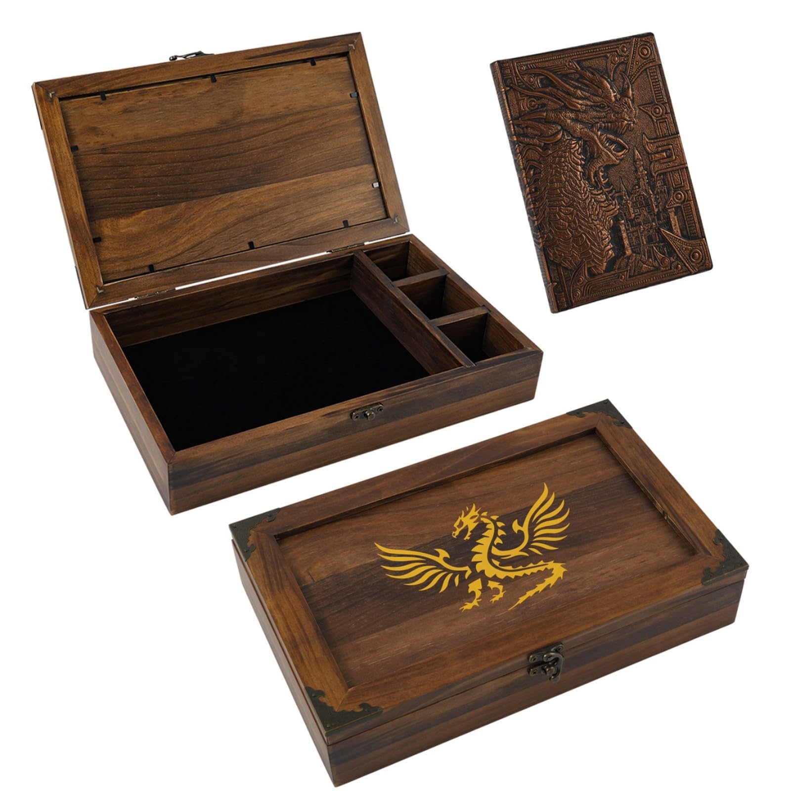 Dreamplay Gifts 2 In 1 Dnd Dice Tray Metal Dice Wooden Box with DND Notebook For Rolling & Storage Organizer RPG Table Games Dice Box Dungeons & Dragons Players Or Metal Polyhedral (Flame)