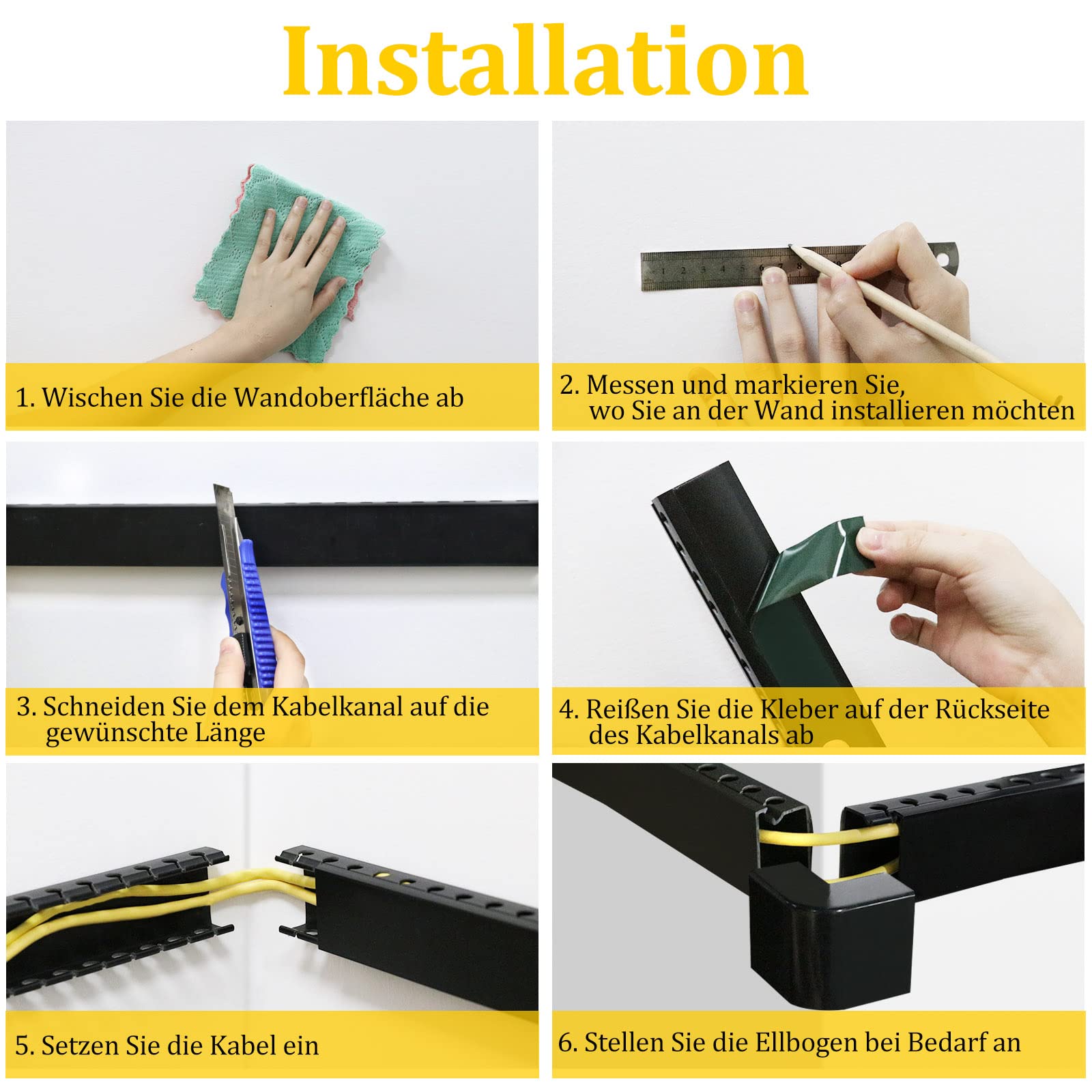 Kabelkanal Selbstklebend, Alritz 9 Stück PVC Kabelabdeckung Kabelmanagement Schreibtisch und TV Kabelkanal Installationskanal Wand (Black)