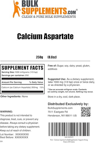 Miniatura 2 de BulkSupplements.com Aspartato de calcio en polvo  Suplemento de calcio en polvo, aspartato de calcio 200 mg  para la salud ósea, 1000 mg (200 mg de