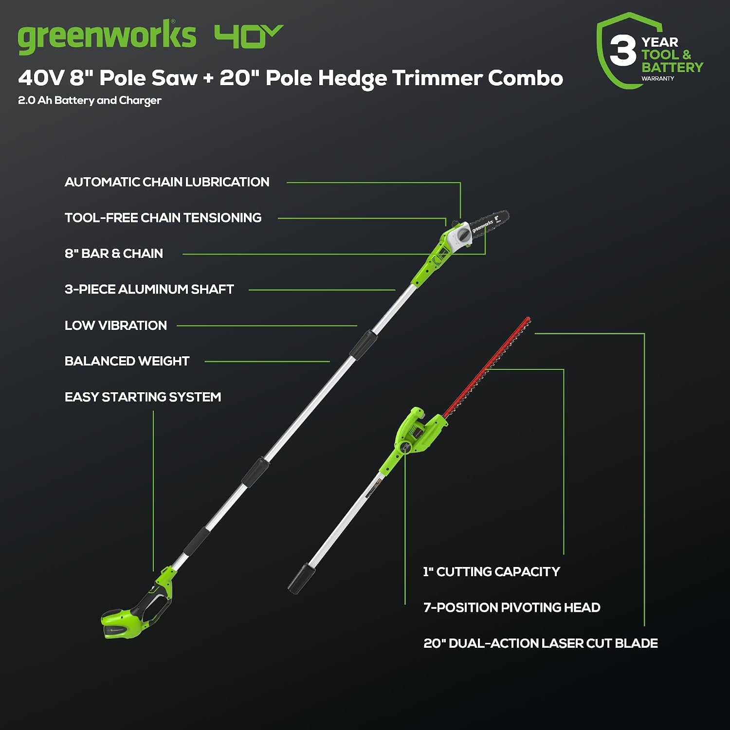 Greenworks 40V 8 in Pole Saw Hedge Trimmer Kit, 2.0 Ah Battery photo 2