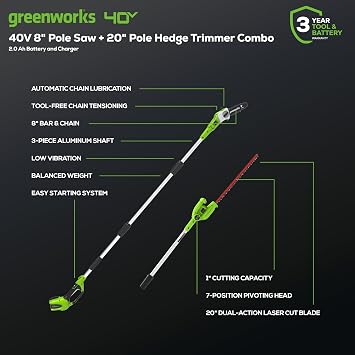 Greenworks 40V 8-inch Cordless Pole Saw with Hedge Trimmer Attachment 2.0Ah Battery and Charger Included