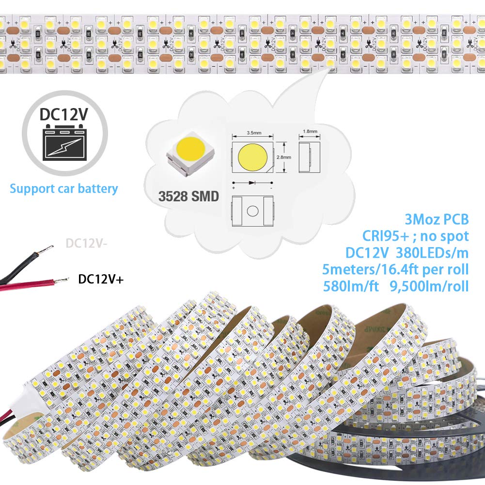 The Brightest DC12V Triple Row White LED Strip Lights - High CRI 95 3528SMD Daylight White 6000K 1800LEDs Flexible LED Tape Lights for Cabinet Lighting (12V 6000K 5m/16.4', Non-Waterproof IP20)