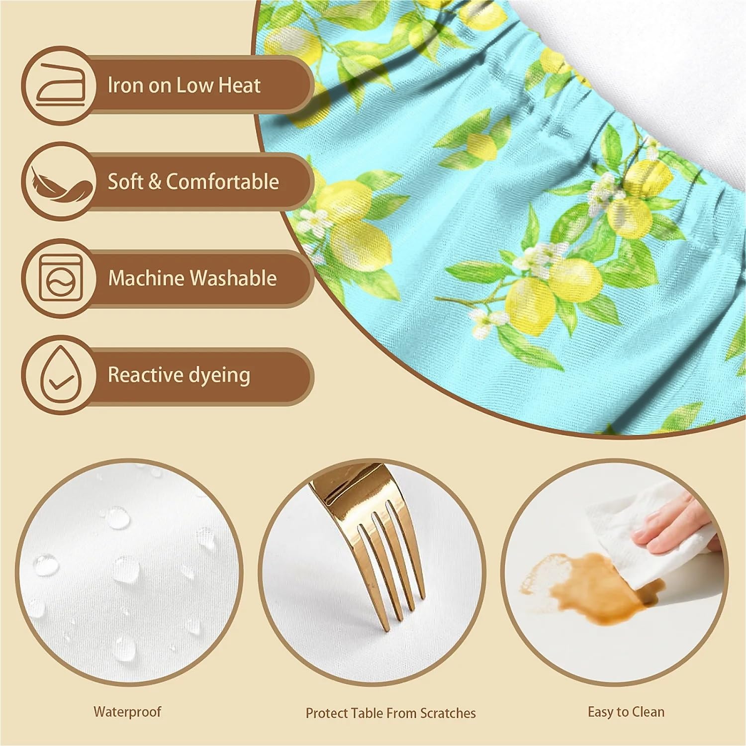 artslion Rectangle Waterproof Tablecloths Elastic Edge for Secure Fit-30 x 72 inch Wipeable Table Cover Non-PVC Fabric Lemon Designs Indoor Outdoor Use - Image 3