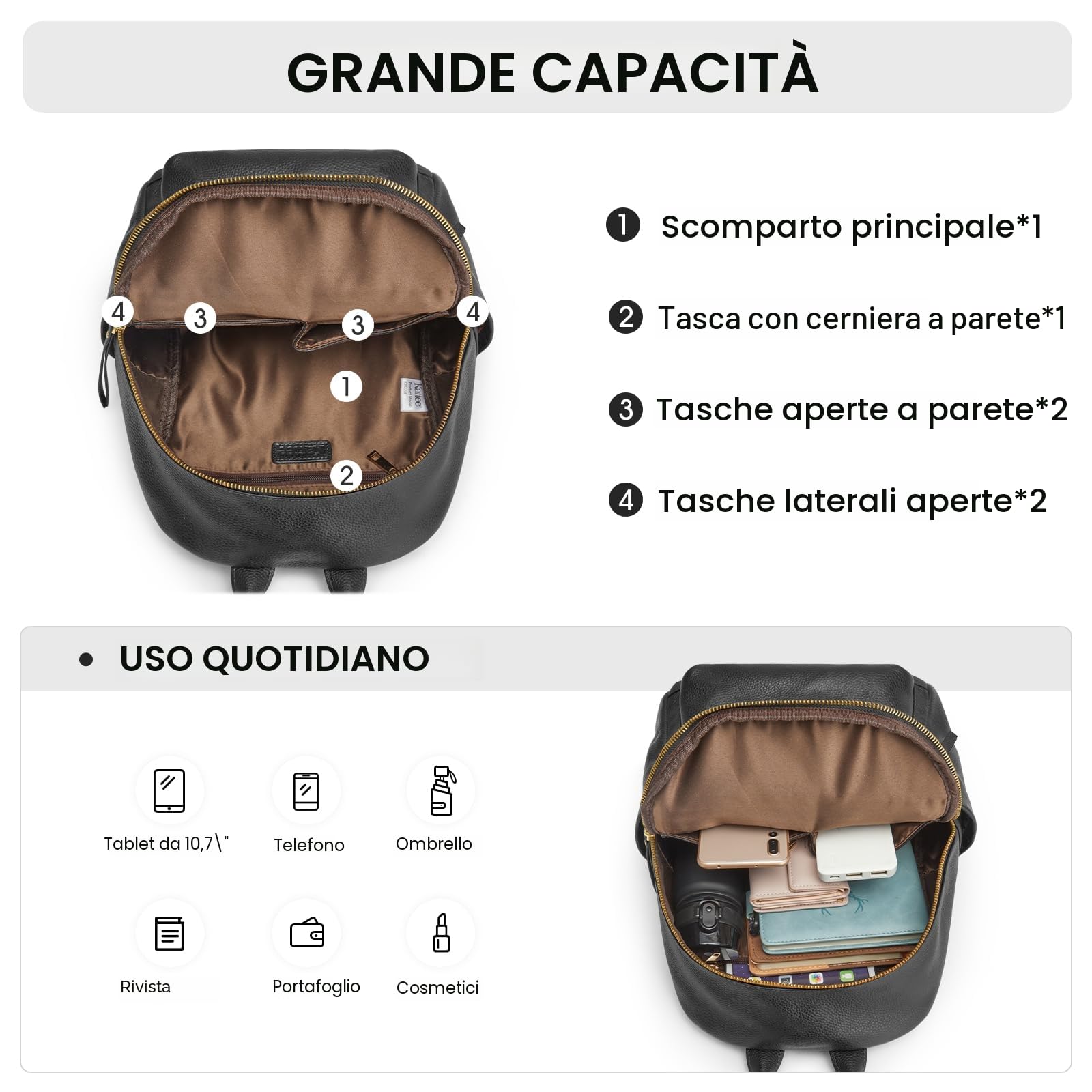 Kattee Borsa zaino in vera pelle per donna Borsa a tracolla elegante multifunzionale in morbida pelle per ufficio, shopping, viaggio