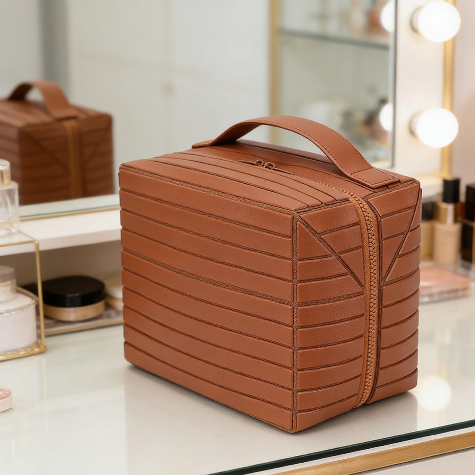 Bolsa de Maquillaje de Viaje, Bolsas de Cosméticos de Gran Capacidad para Mujeres, Bolsa de Aseo Plegable a Prueba de Agua, Diseño Abierto (Brown)
