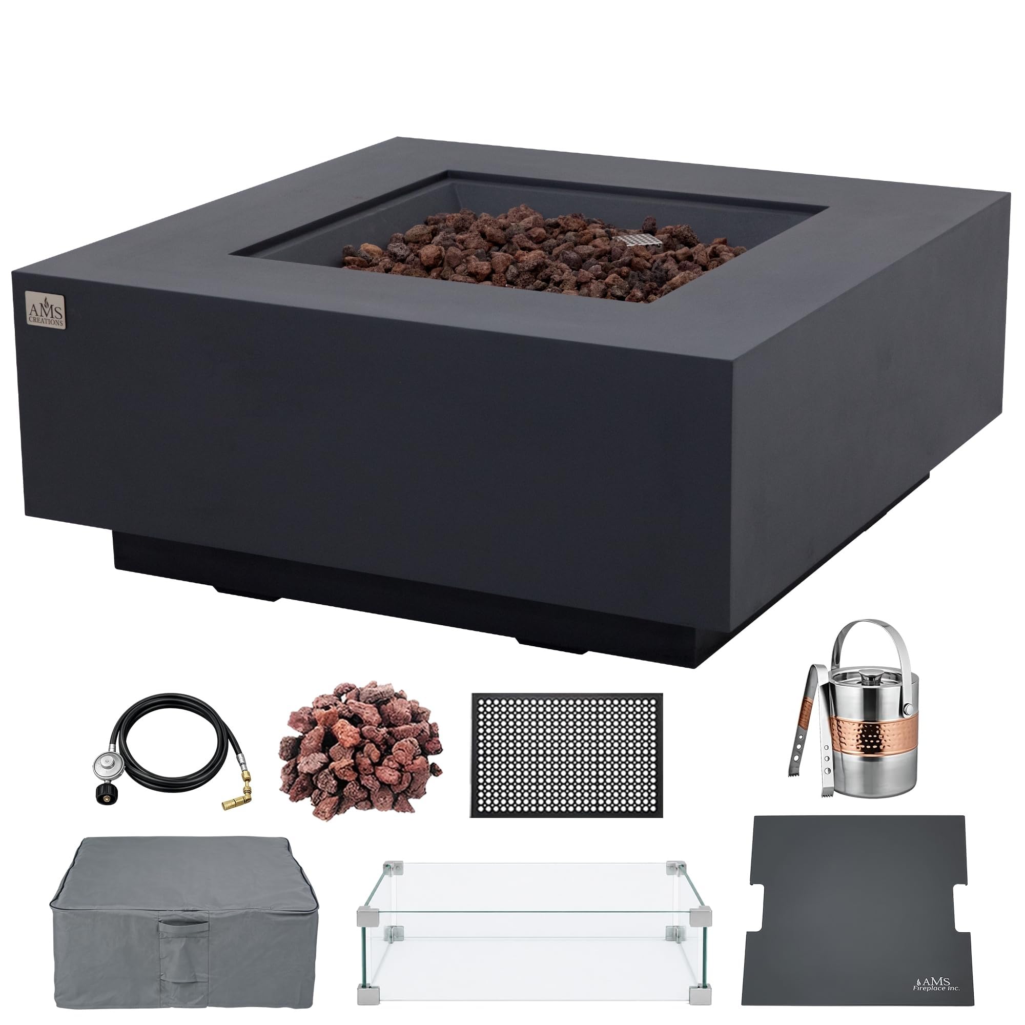 AMS 40" Square Concrete GFRC Natural Gas Fire Pit Table Bundle (Dark Gray)